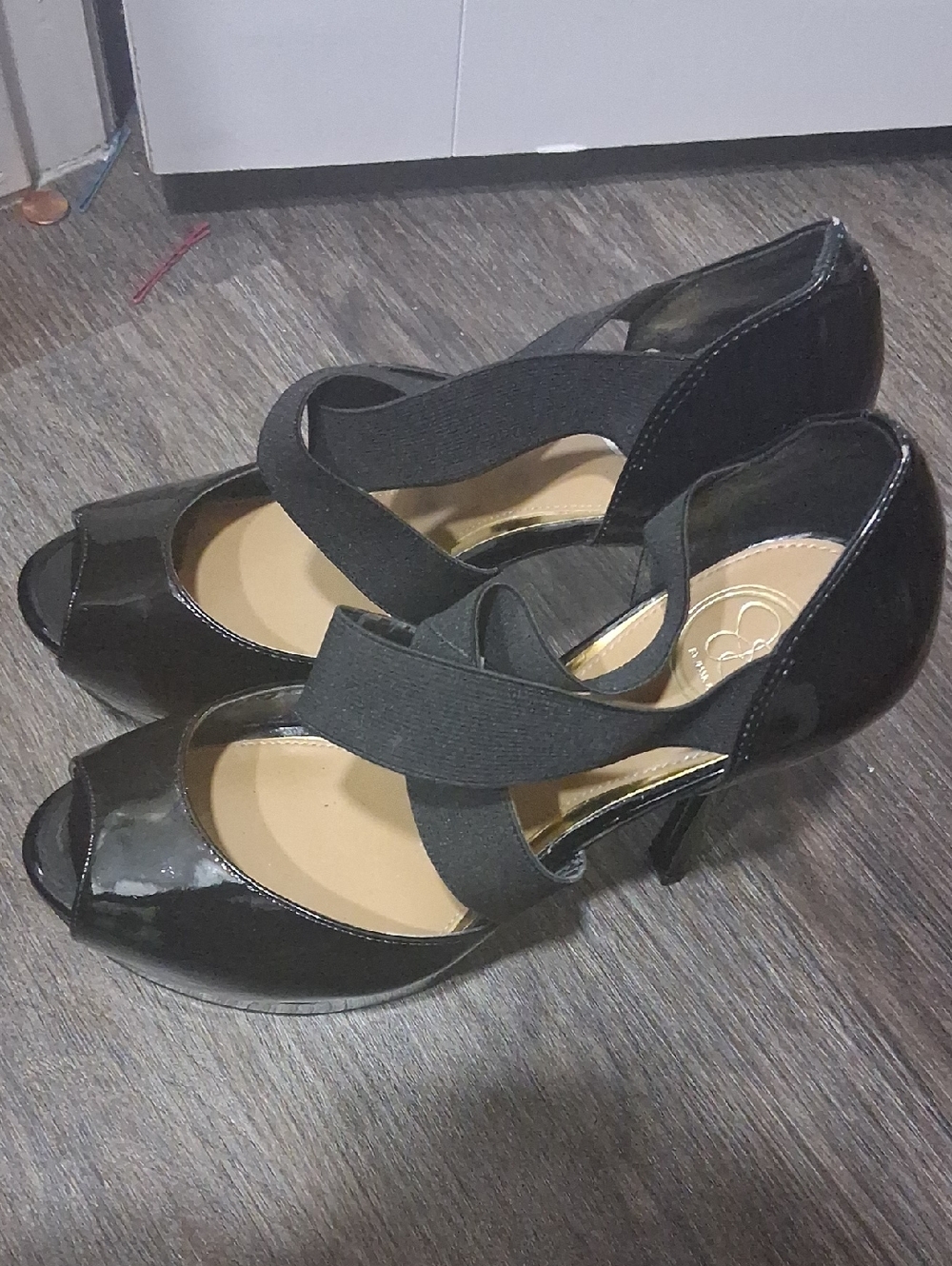 Jessica Simpson Black Patent Peep-Toe Heels with Crisscross Elastic Straps